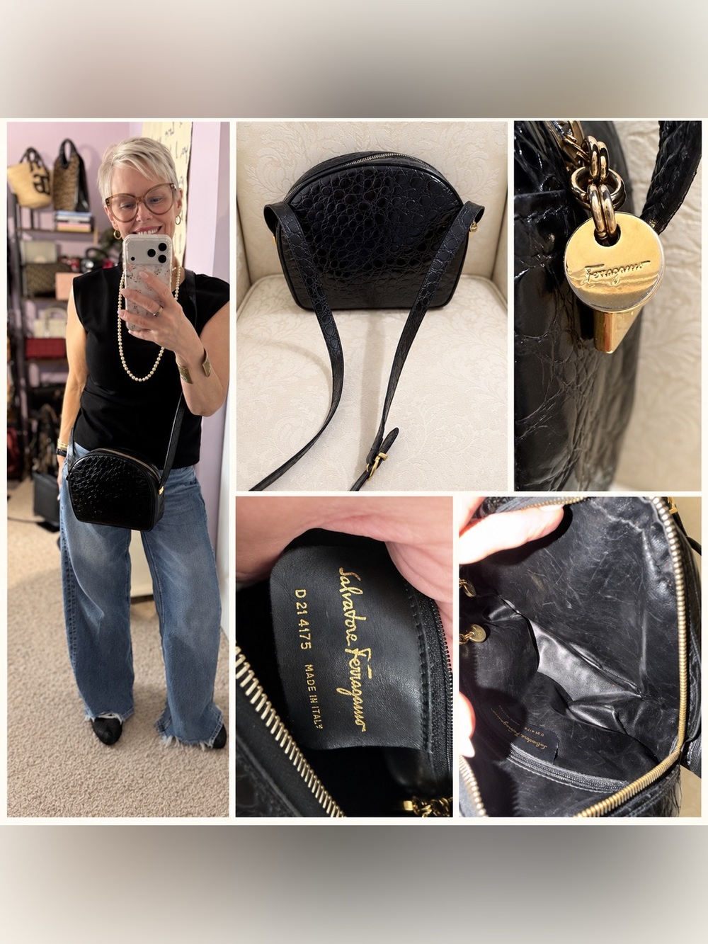 Salvatore Ferragamo Black Croc-Embossed Leather Crossbody Bag